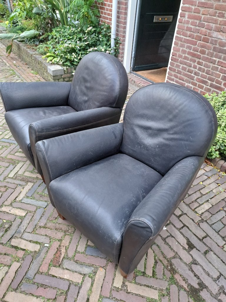 Twee zwart leren stoelen, Huis en Inrichting, Ophalen, Gebruikt, Twee, Zwart