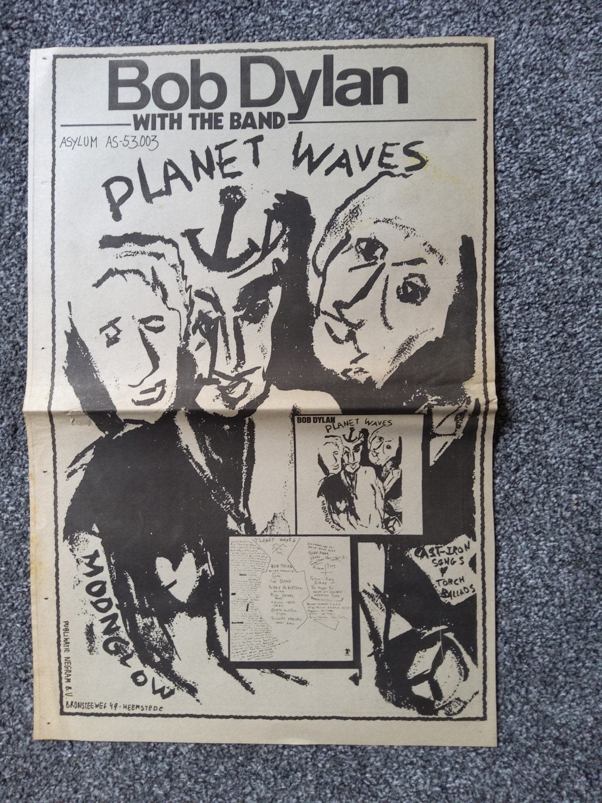 Bob Dylan;  Promo  Planet Waves   A3 FORMAAT, Ophalen of Verzenden, Zo goed als nieuw, Foto of Kaart
