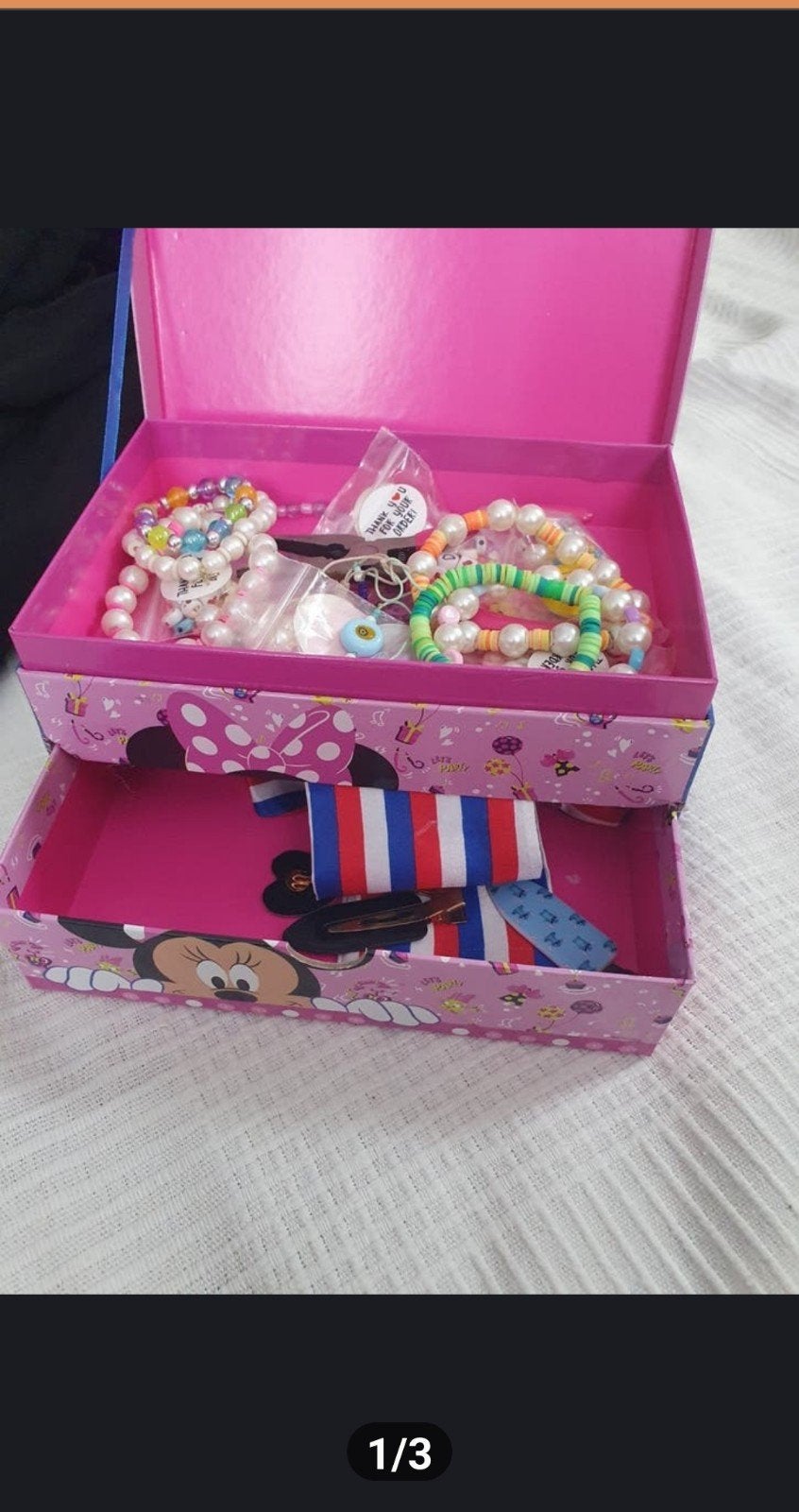 Minnie Mouse Sieradendoos met Kralen en Armbanden, Gebruikt, Kunststof of Plastic, Ophalen of Verzenden, Roze