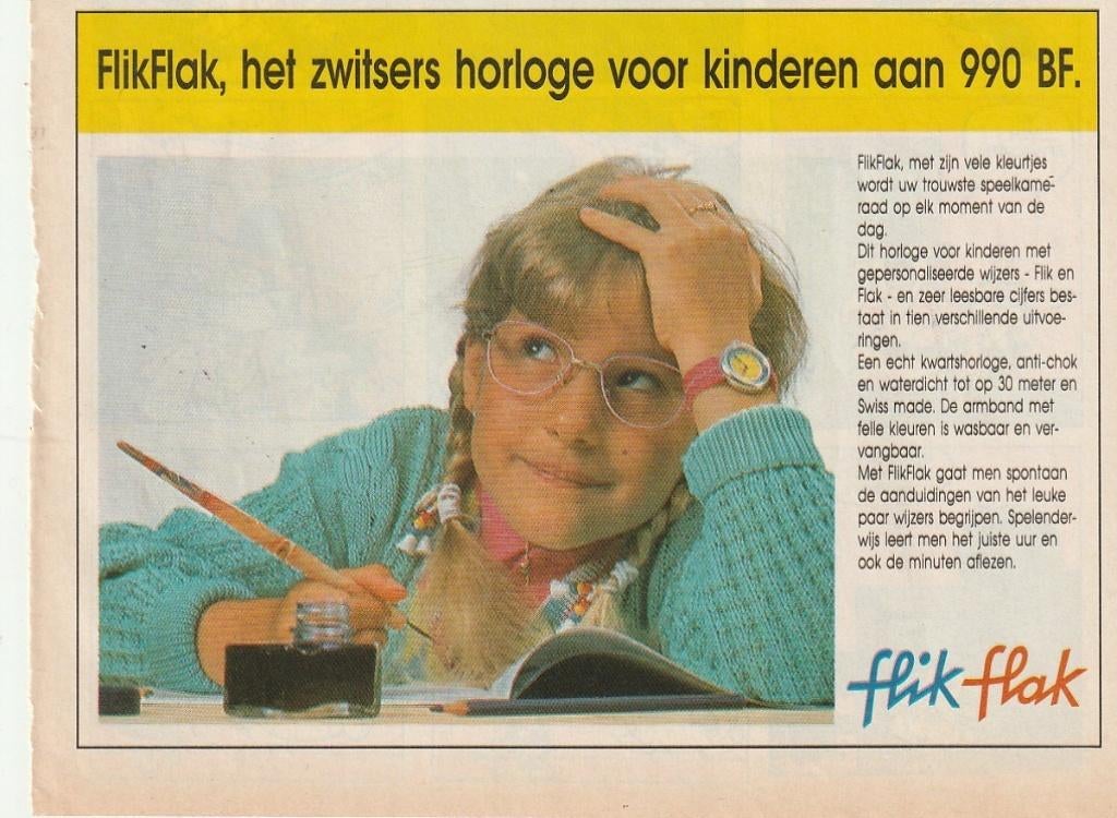 Retro reclame 1987 Flik Flak kinder horloges vele kleurtjes, Verzenden, Overige typen