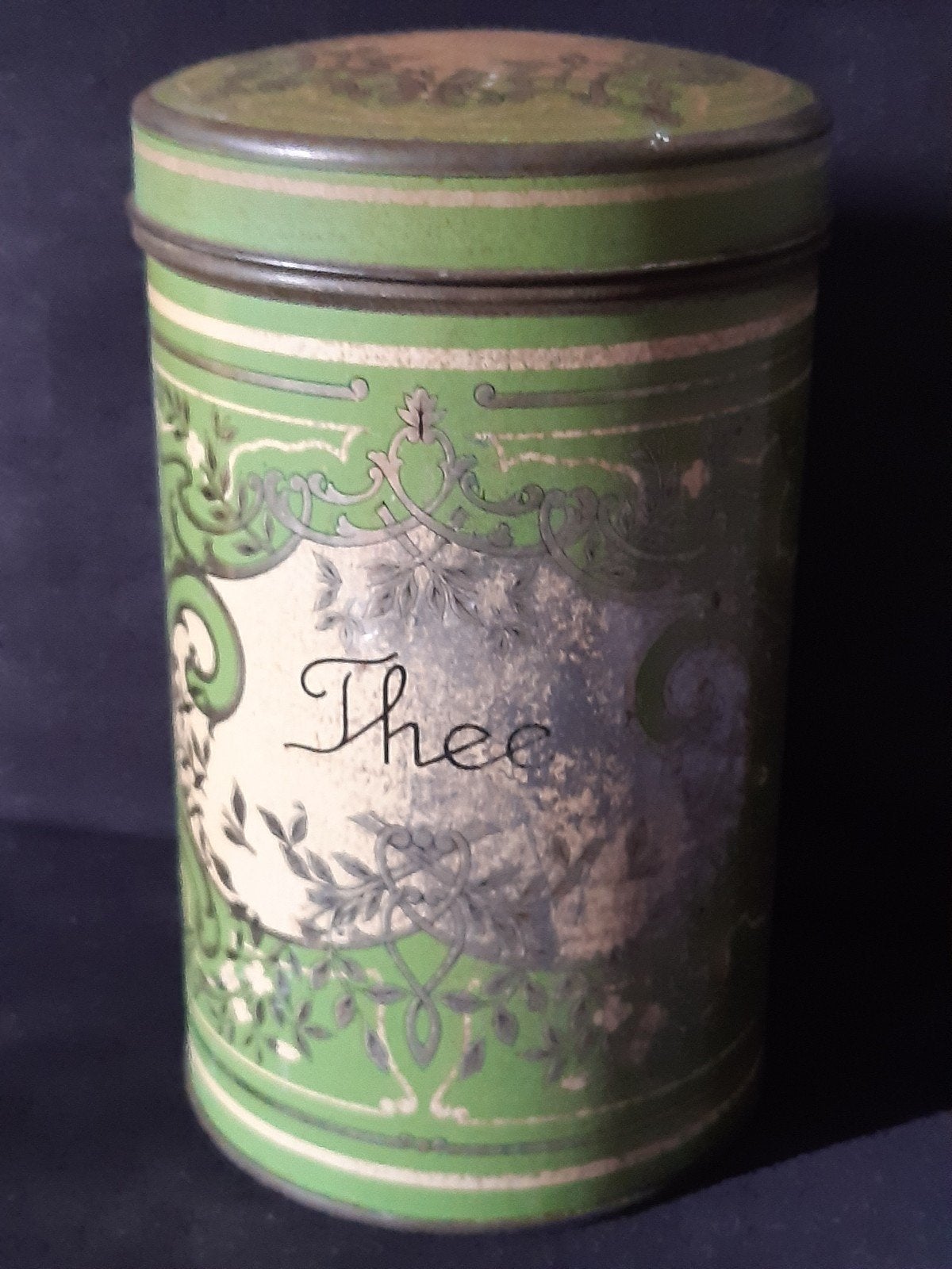 Ouderwets theeblik ,-bus,shabby, stoer brocante ,groen, Antiek en Kunst, Curiosa en Brocante, Ophalen of Verzenden