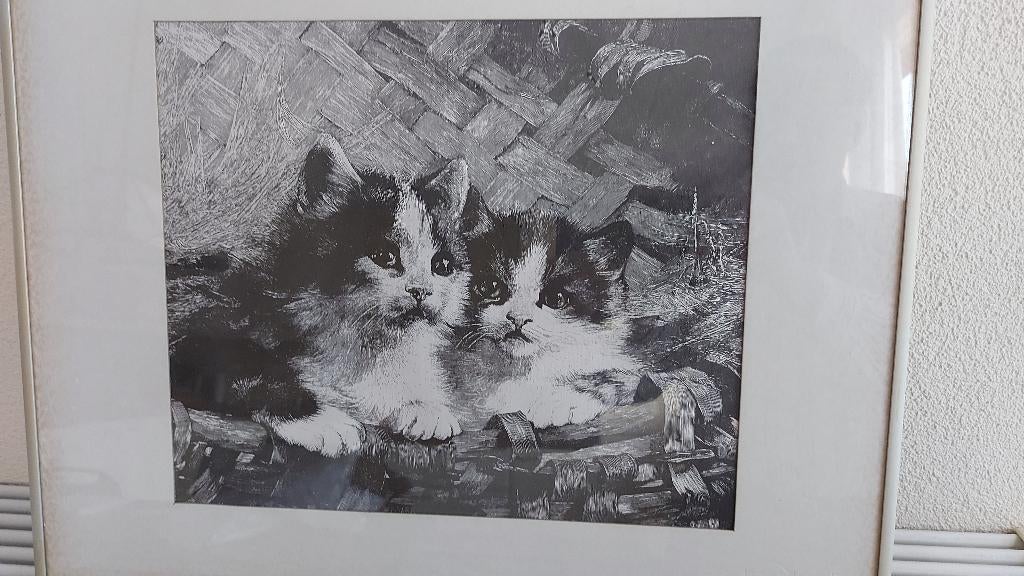 Decoratief schilderij met 2 poesjes in een mand., Antiek en Kunst, Ophalen of Verzenden