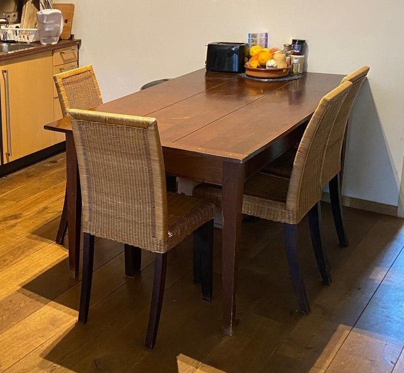 Kersenhouten eettafel met 6 rieten stoelen, Ophalen, Gebruikt, 50 tot 100 cm, Vijf personen of meer