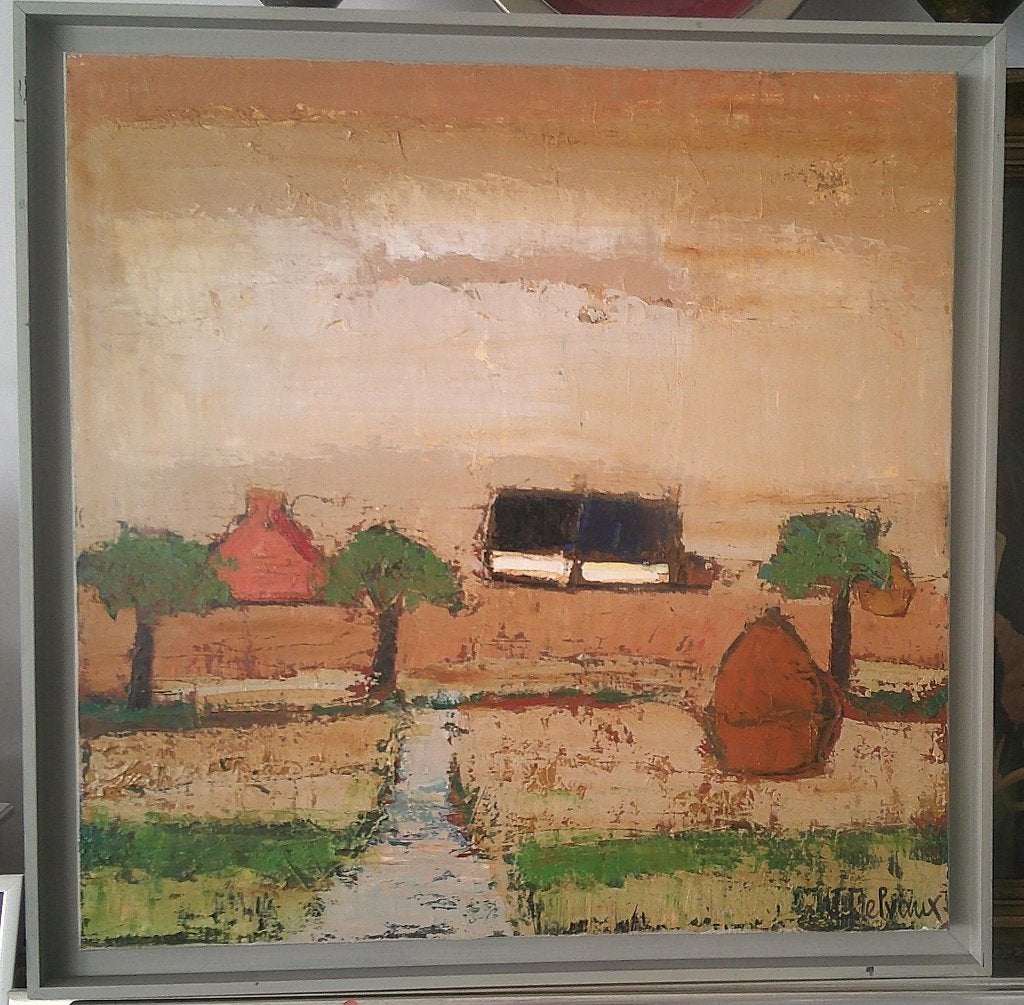 Boerderijen in landschap 1997 - Jacques Delvaux 1929-2010, Ophalen, Doek, Expressionistisch, Gesigneerd