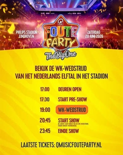 2 tickets Qmusic foute party 20 juni te koop. Vak PR,, Twee personen, Levenslied