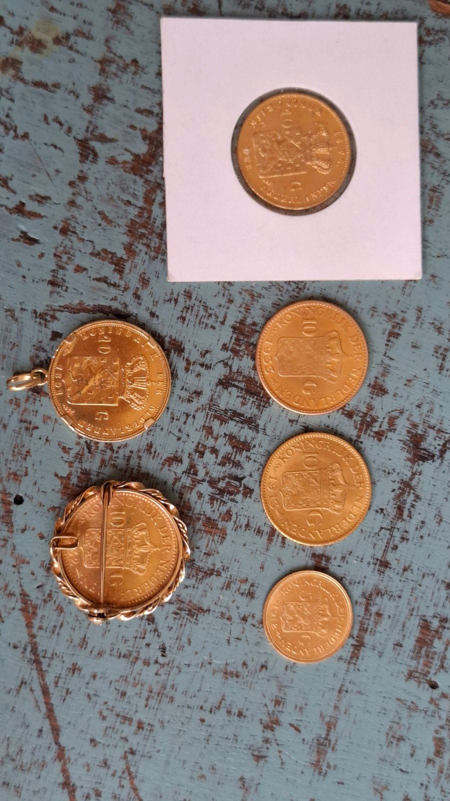 5x gouden 10 en  1x gouden 5 met diverse jaartallen., Ophalen, 10 gulden, Setje, Goud