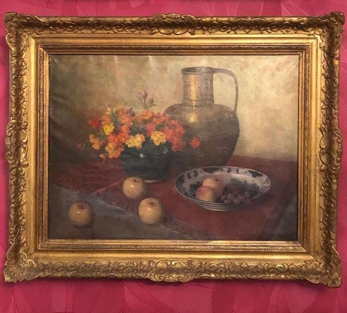 Oud schilderij antiek; bloemen in vaas met fruit, olieverf, Antiek en Kunst, Kunst | Schilderijen | Klassiek, Ophalen