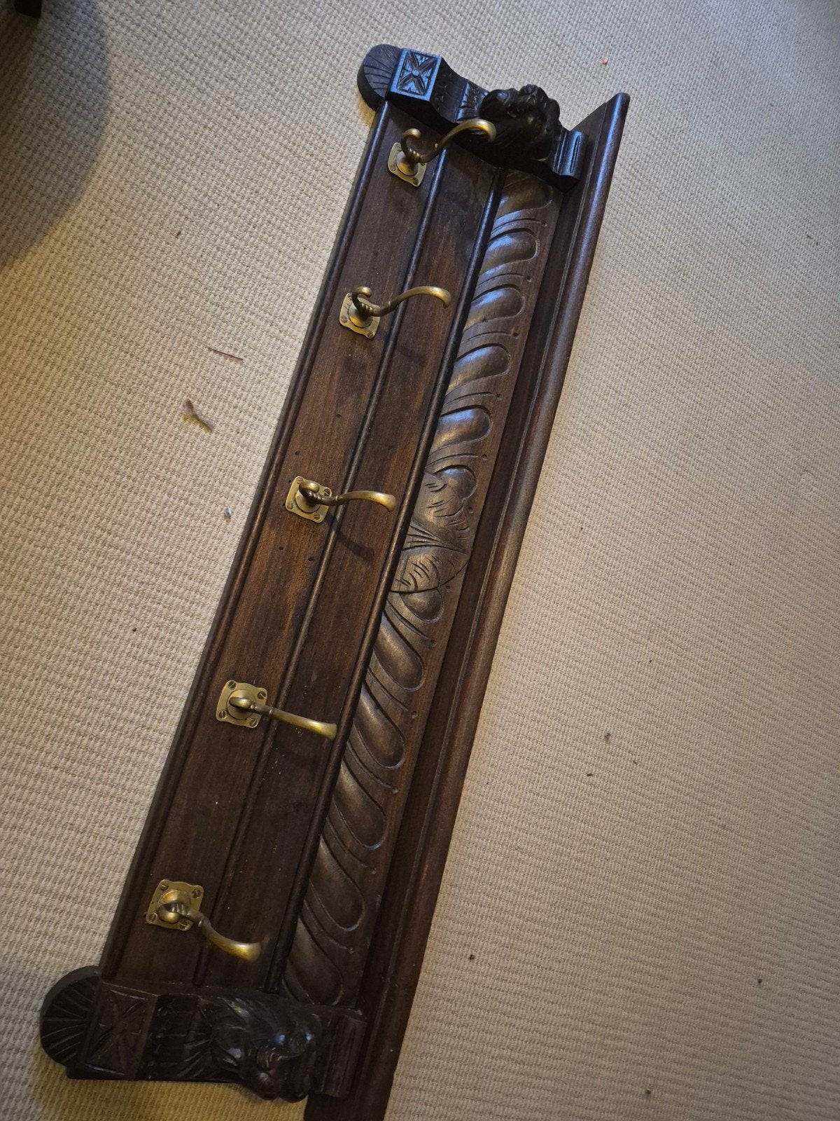 Antieke houten wandkapstok met messing haken, Gebruikt, Minder dan 100 cm, Hout, Ophalen