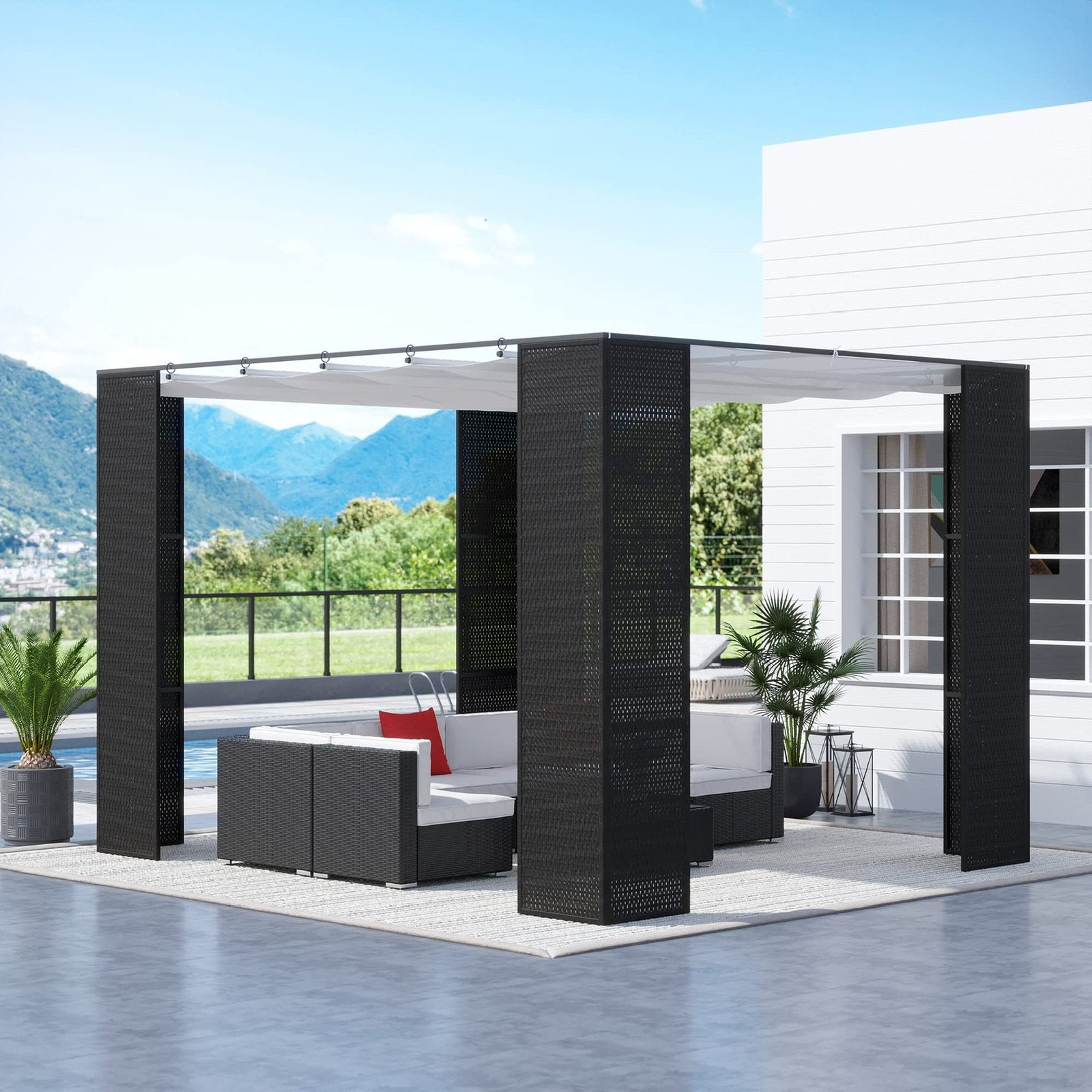 Luxe Paviljoen met Uitschuifbaar Dak - Zwart Wicker, Minder dan 4 meter, Zo goed als nieuw, Paviljoen, 2 meter of meer