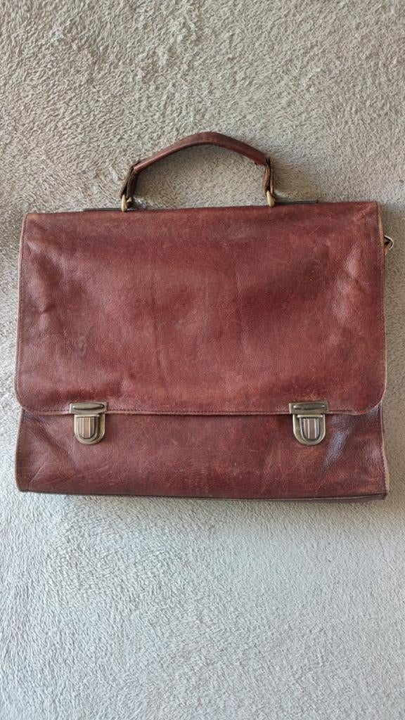 Vintage Leren Aktetas / Laptoptas - Bruin - 38 x 30 cm, Ophalen of Verzenden, Gebruikt, Bruin, Overige typen
