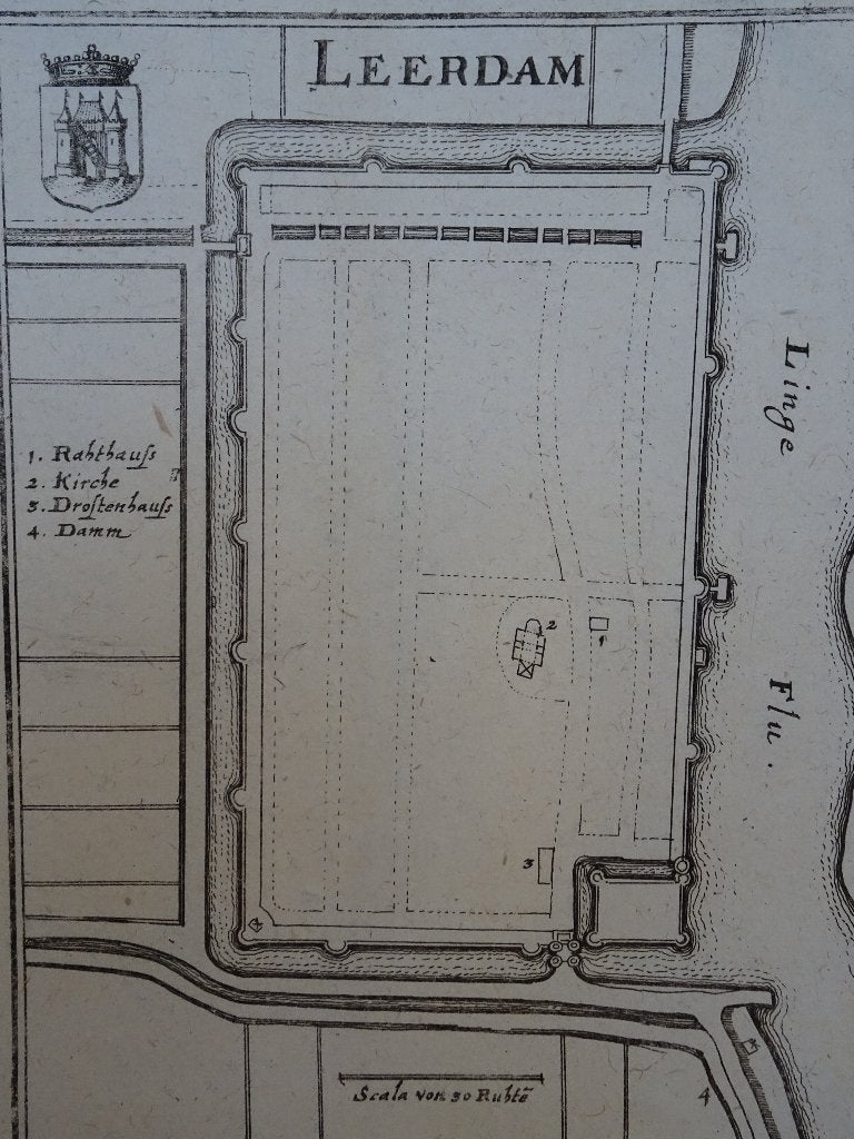 gravure plattegrond Leerdam, Caspar Merian, 1654, Cartografie, Gravure, Origineel, 1600 - 1699