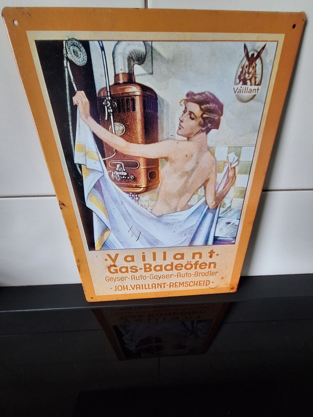 Vintage Vaillant Gas-Badeöfen Reclamebord - blik, Ophalen of Verzenden, Gebruikt, Reclamebord