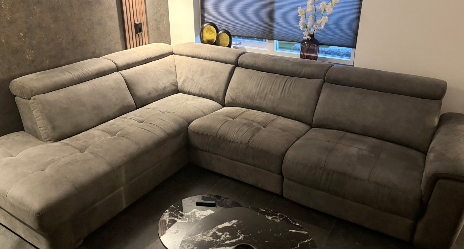Grijze verstelbare hoekbank + fauteuil, Ophalen, 250 tot 300 cm, Gebruikt, Minder dan 75 cm