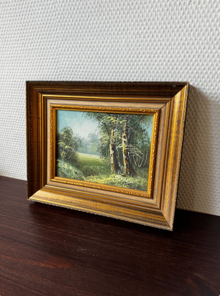 Vintage Paneel Schilderij, Olieverf, Gouden Lijst Berkenboom, Ophalen of Verzenden, Olieverf, Landschap, Paneel