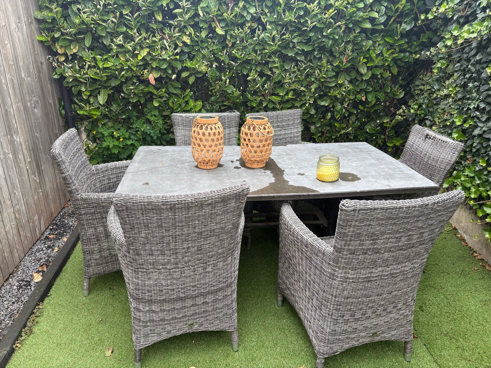 Wicker tuinset met 6 stoelen en tafel, Gebruikt, Eettafel, 6 zitplaatsen, Ophalen of Verzenden