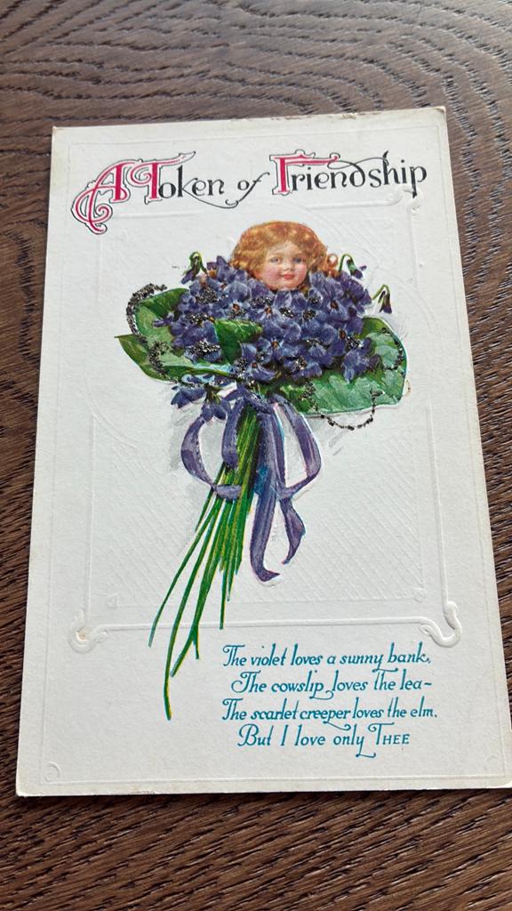 blijk van vriendschap.reliefkaart.Boeketje/kinderhoofdje, Ophalen of Verzenden, Voor 1920, Ongelopen