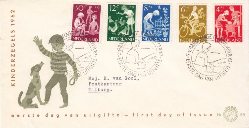 Nederland FDC E 54 Kinderzegels 1962 met foutief nummer 53, Ophalen of Verzenden, Beschreven, Nederland