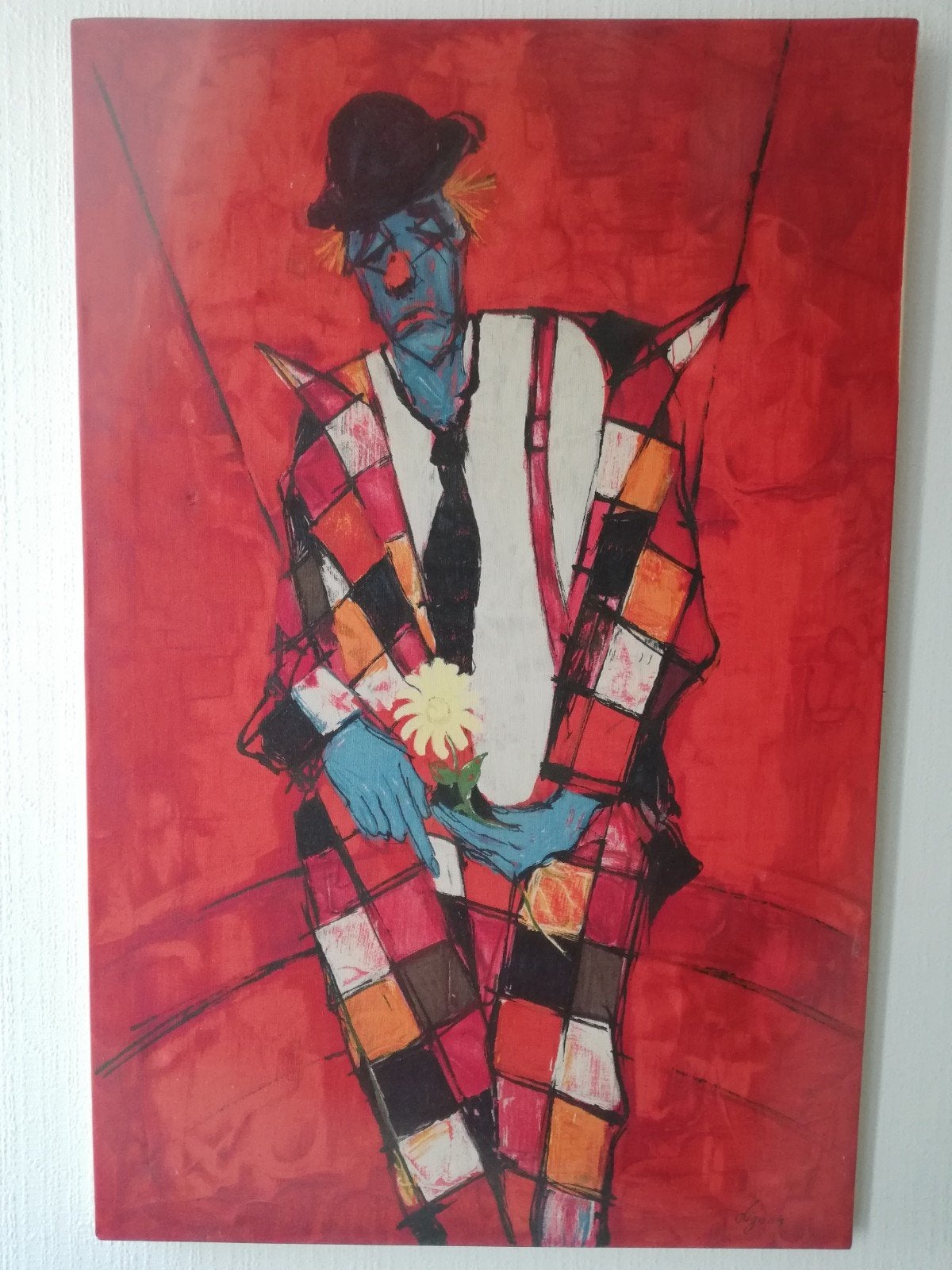 Modern schilderij van een trieste clown., Antiek en Kunst, Figuren, Ophalen of Verzenden, Olieverf, Op houten frame