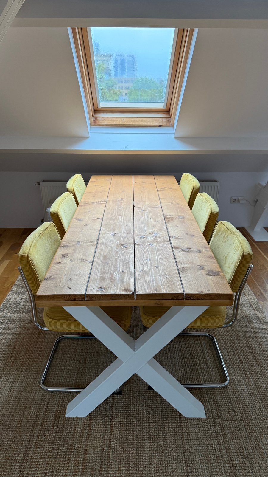Houten eettafel 210x80 incl. 6 stoelen, Ophalen, Gebruikt, 200 cm of meer, 50 tot 100 cm