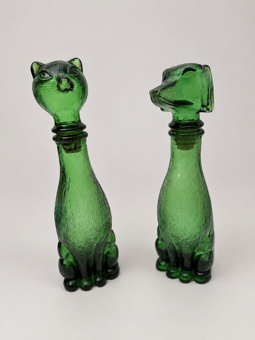 Vintage Groene Glazen Kat en Hond Karaffen/Flessen, Ophalen of Verzenden
