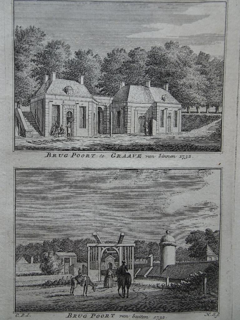 Twee gravure Brugpoort te Grave, door H. Spilman 1732, Verzenden