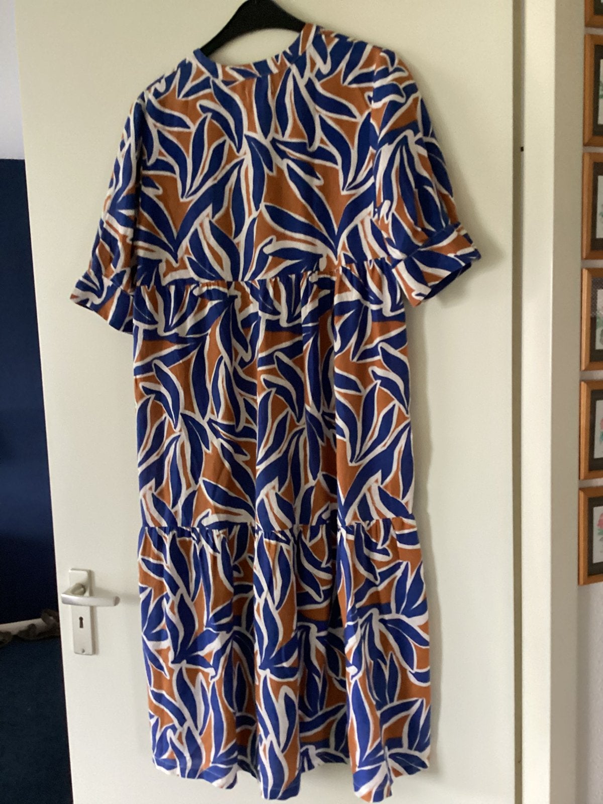 Monoprix Premium Linnen Jurk met Bladprint, Kleding | Dames, Jurken, Blauw, Ophalen of Verzenden, Zo goed als nieuw, Onder de knie