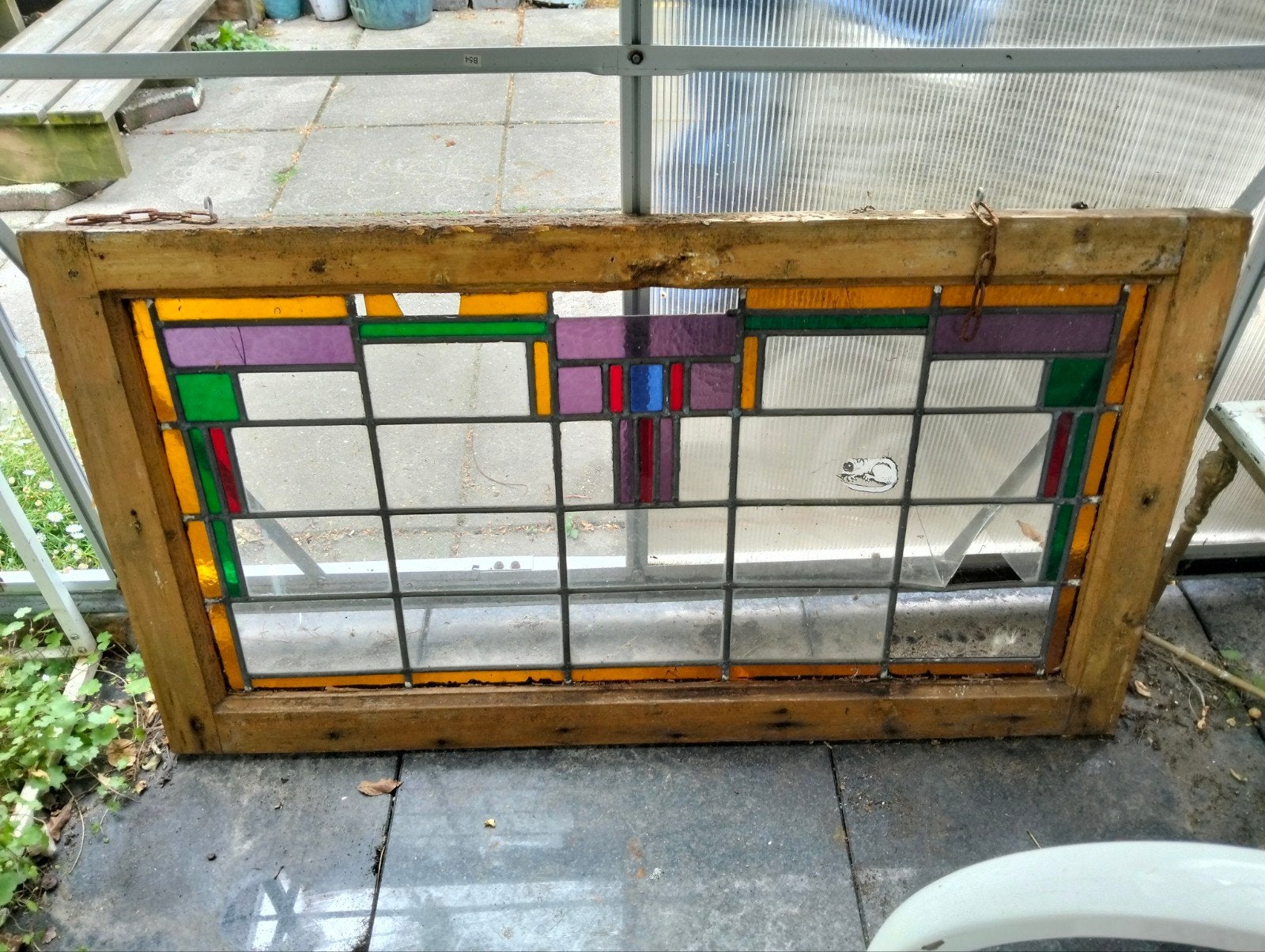 Antiek Glas in Lood Raam - Uniek Decoratief Stuk, Ophalen, Gevelraam of Ruit, Gebruikt, 80 tot 120 cm