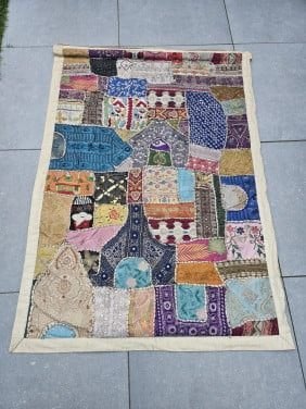 Prachtige heel grote wandtapijt patchwork doek jaren 70 indi, Antiek en Kunst, Wanddecoratie, Textiel, India, Ophalen of Verzenden