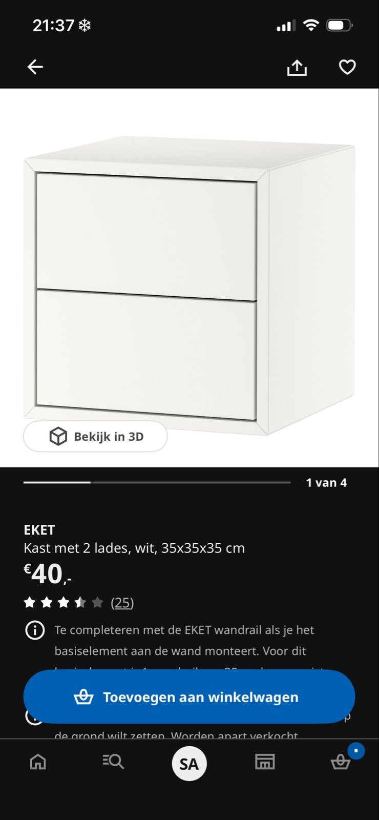 IKEA EKET Kast met 2 lades, wit, incl. wandrail, Ophalen, Nieuw