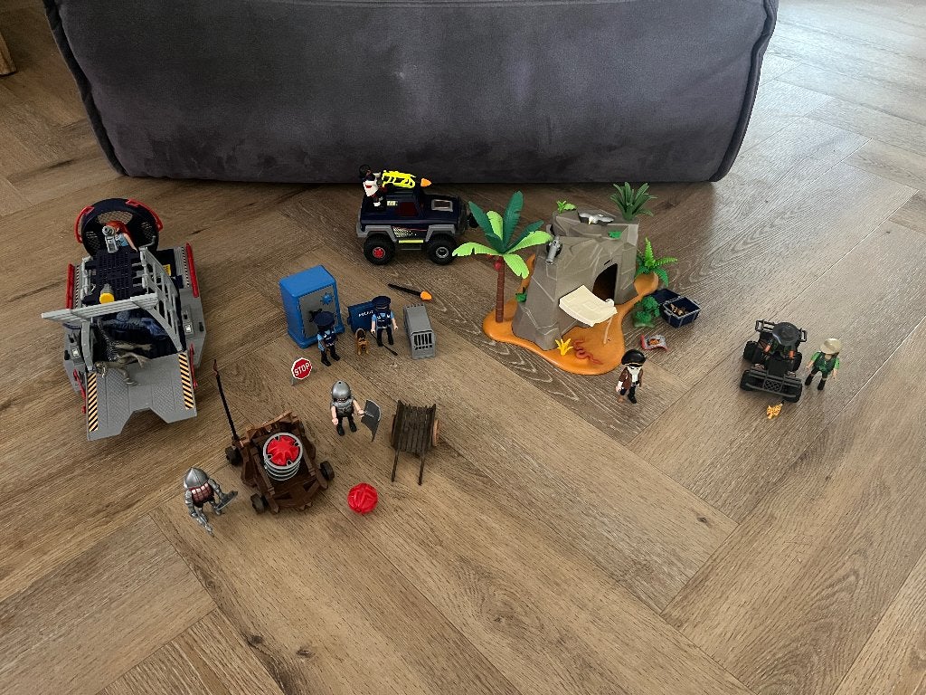 Playmobil ridders met kanon, eiland, twee auto’s, boot, Kinderen en Baby's, Speelgoed | Playmobil, Pirates, Gebruikt, Losse onderdelen