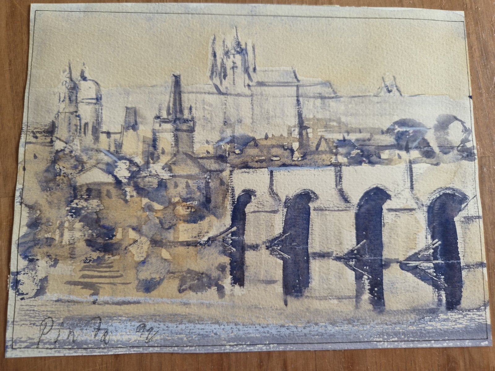 Stadsgezicht Praag aquarel gesigneerd 'Pinto 97', Ophalen of Verzenden