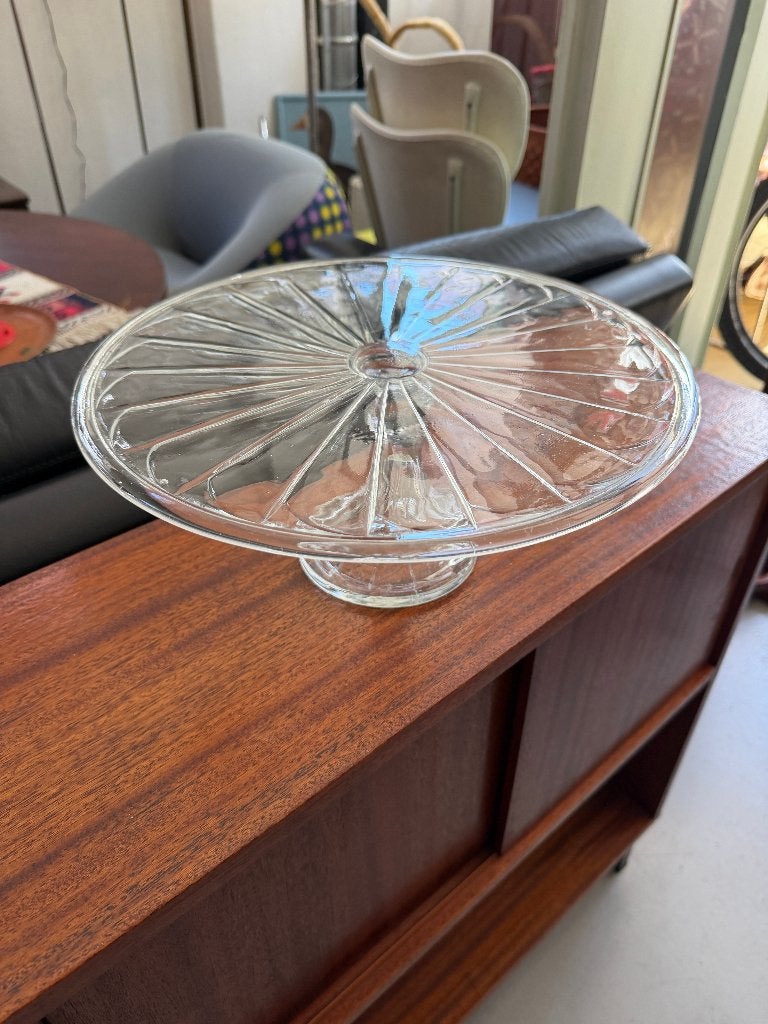 Vintage taartschaal persglas, brocante schaal op voet, Ophalen