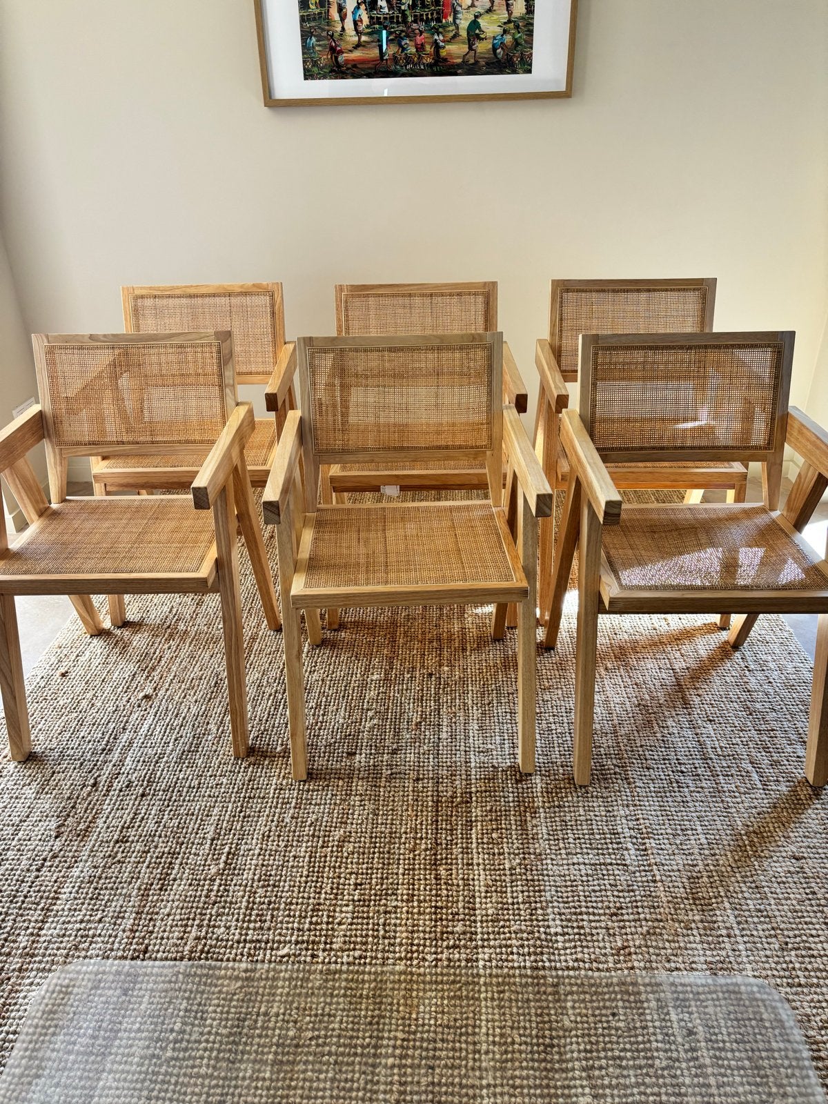 Set van 8 Rotan en Houten Eetkamerstoelen, Huis en Inrichting, Ophalen, Overige kleuren, Zo goed als nieuw, Vijf, Zes of meer stoelen