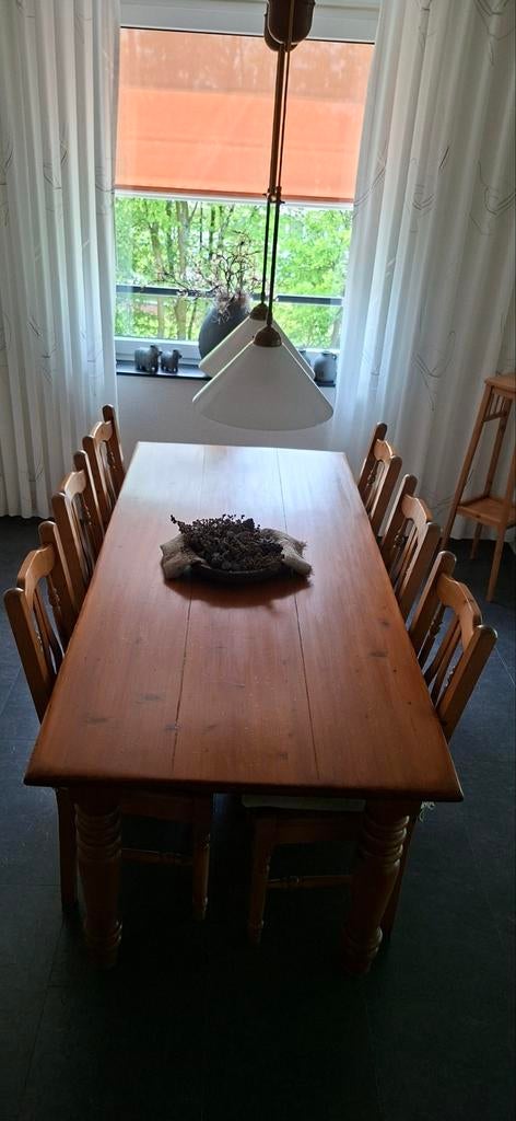 Grenen eettafel met 6 bijpassende stoelen, Huis en Inrichting, Tafels | Eettafels, Ophalen, 200 cm of meer, 50 tot 100 cm, Zo goed als nieuw