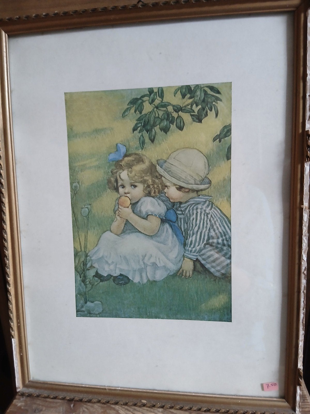 Vintage print  jongen en meisje, Antiek en Kunst, Kunst | Schilderijen | Klassiek, Portret of Personen, Achter glas, Ophalen of Verzenden