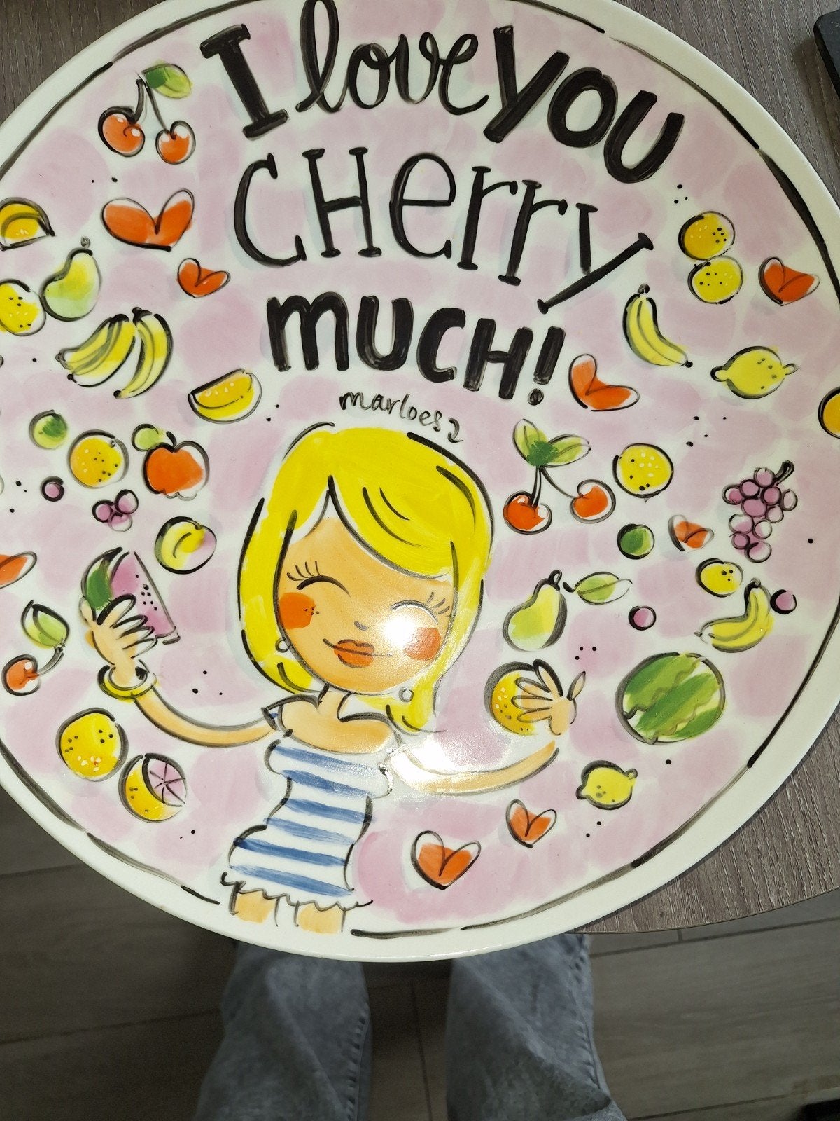 Decoratieve schaal 'I love you cherry much!', Ophalen, Gebruikt, Handbeschilderd, Porselein of Keramiek