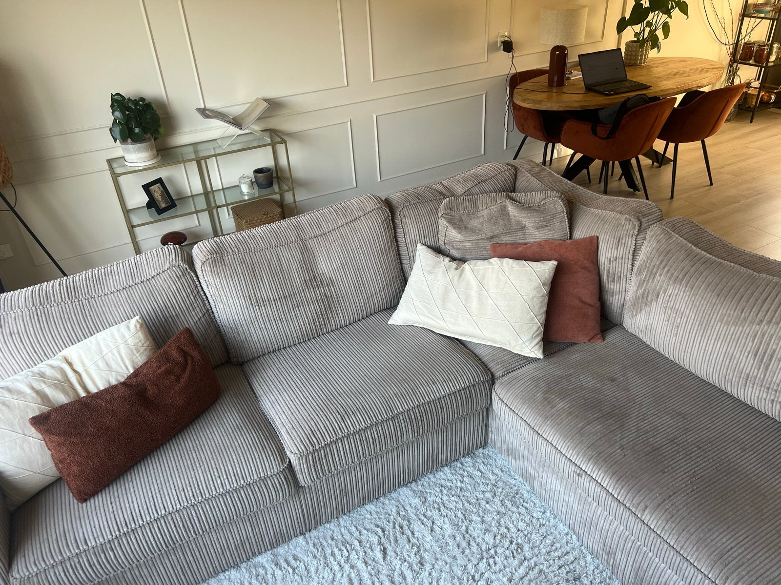 Grote comfortabele ribstof hoekbank, Gebruikt, Hoekbank, 300 cm of meer, Ophalen of Verzenden