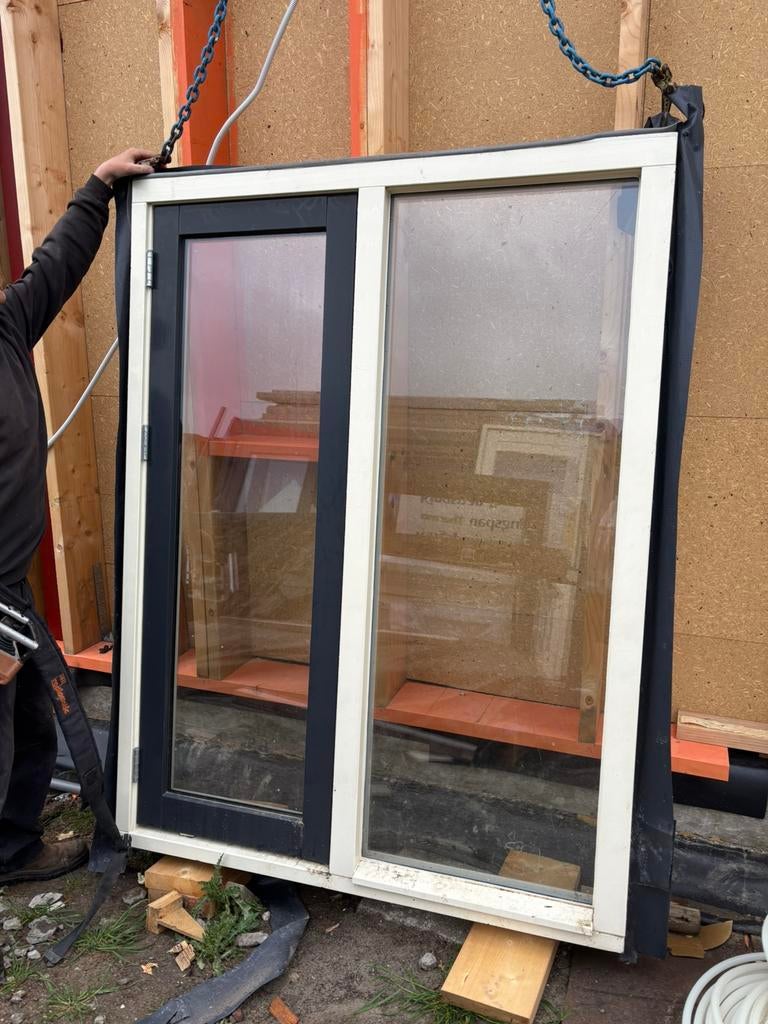 Hardhout kozijn, 2 ramen 1 te openen, Doe-het-zelf en Verbouw, Kozijnen en Schuifpuien, Gebruikt, Raamkozijn, 150 tot 225 cm, Hout