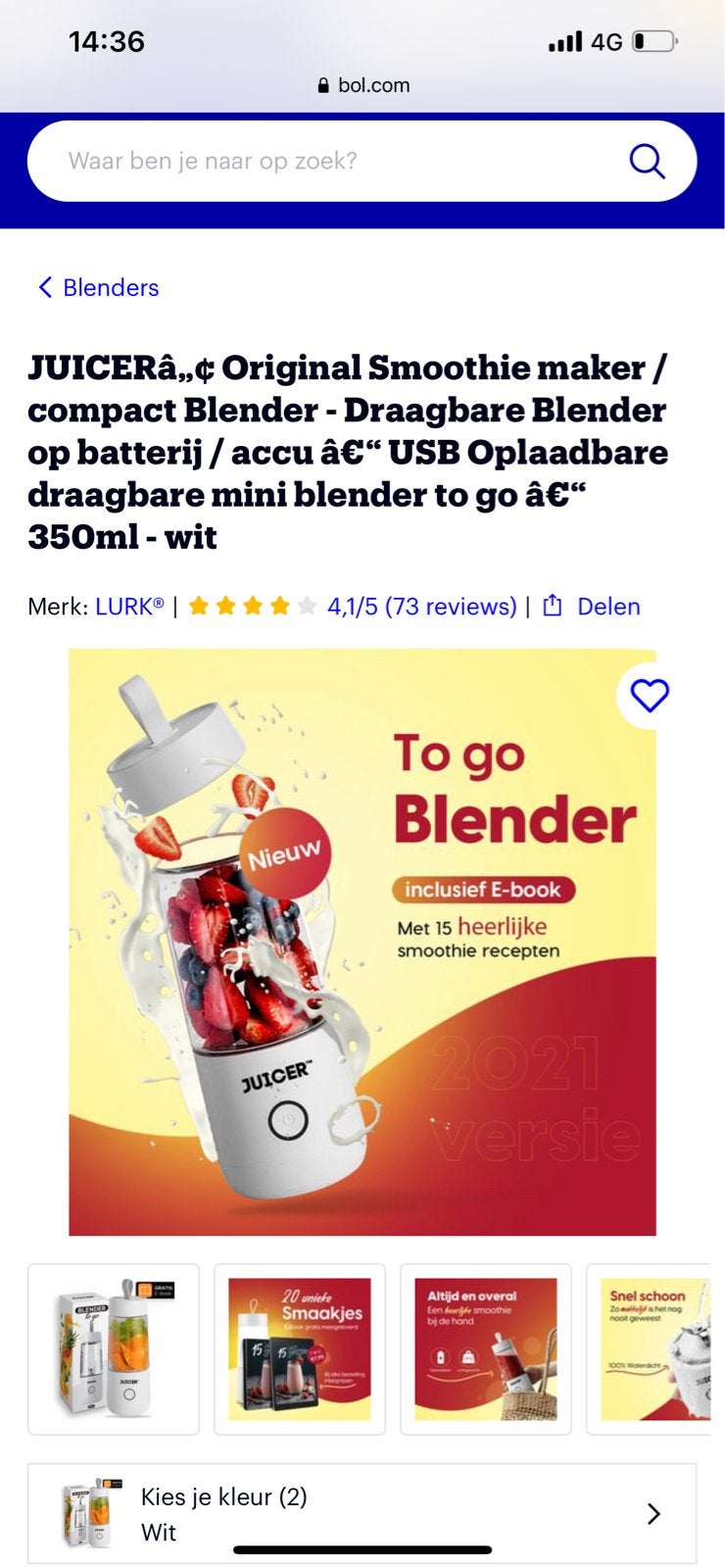 JUICER Draagbare Blender To Go - USB Oplaadbaar - Wit, Ophalen of Verzenden, Nieuw, Blender to go