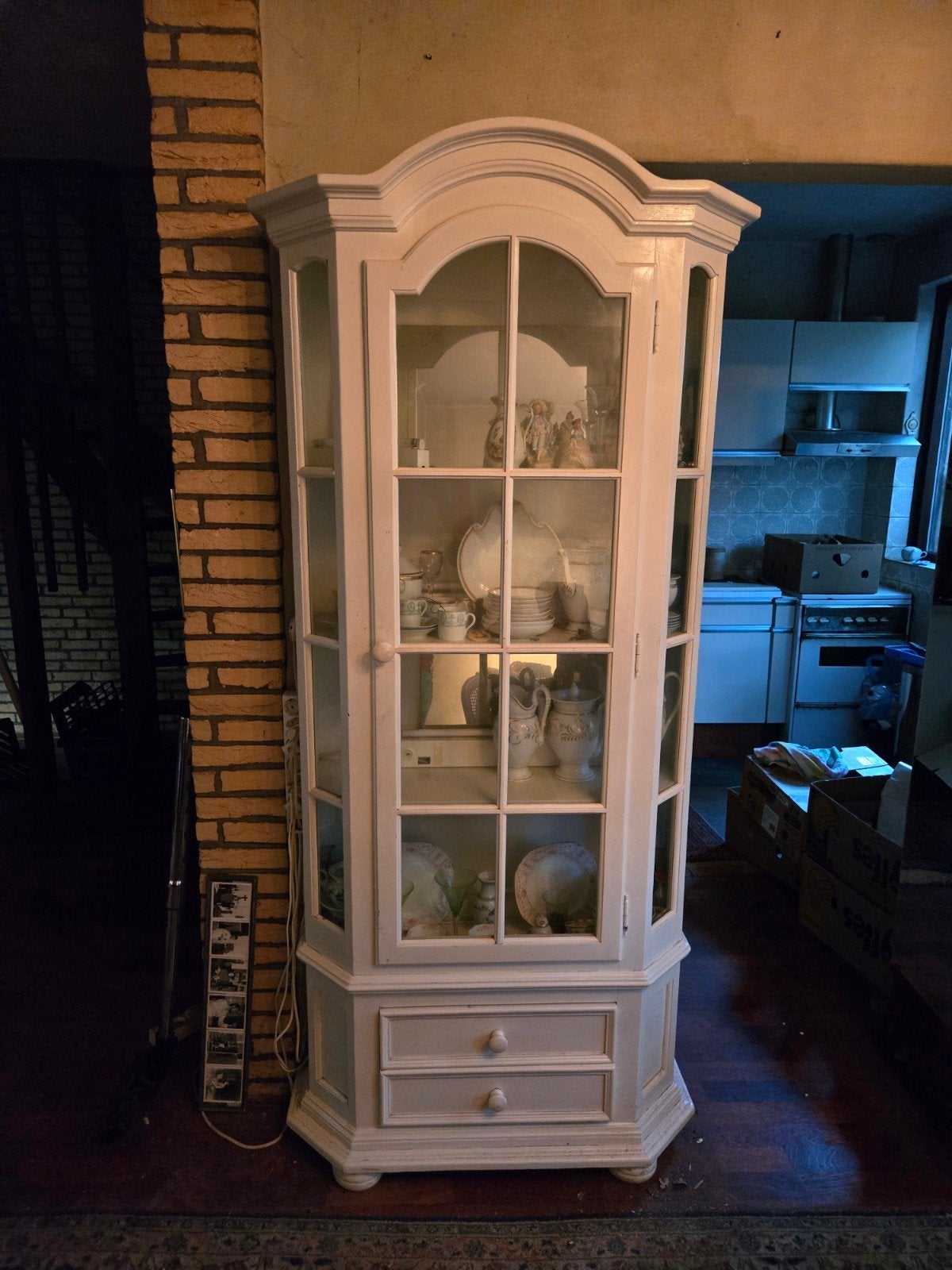 klassieke witte ondiepe vitrinekast met deur en lades, Ophalen, Gebruikt, Met deur(en), 50 tot 100 cm