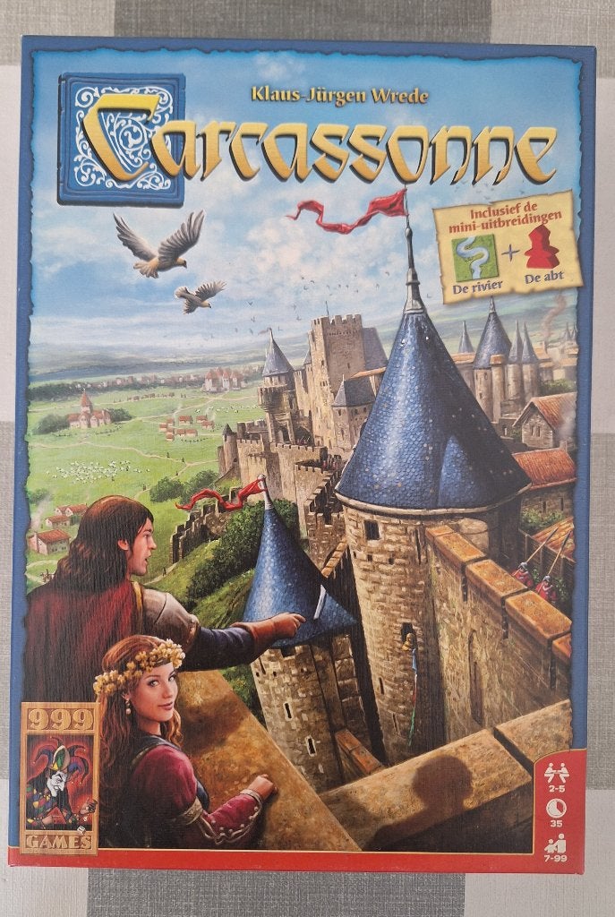 Carcassonne met uitbreiding van de rivier en de abt, Vijf spelers of meer, Ophalen of Verzenden, Zo goed als nieuw, 999 Games