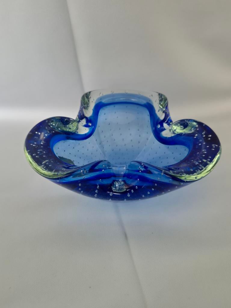 Vintage Murano Glas Asbak Blauw met Bubbelpatroon, Ophalen of Verzenden