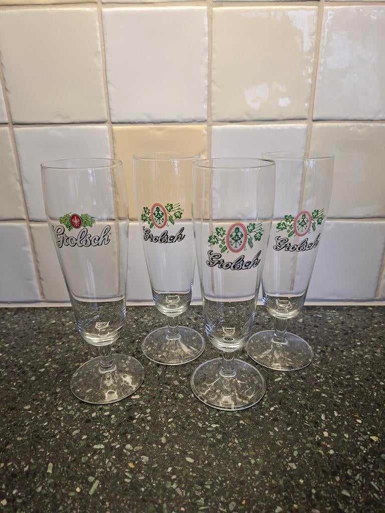 Vintage Grolsch bierglazen op voet, Ophalen of Verzenden