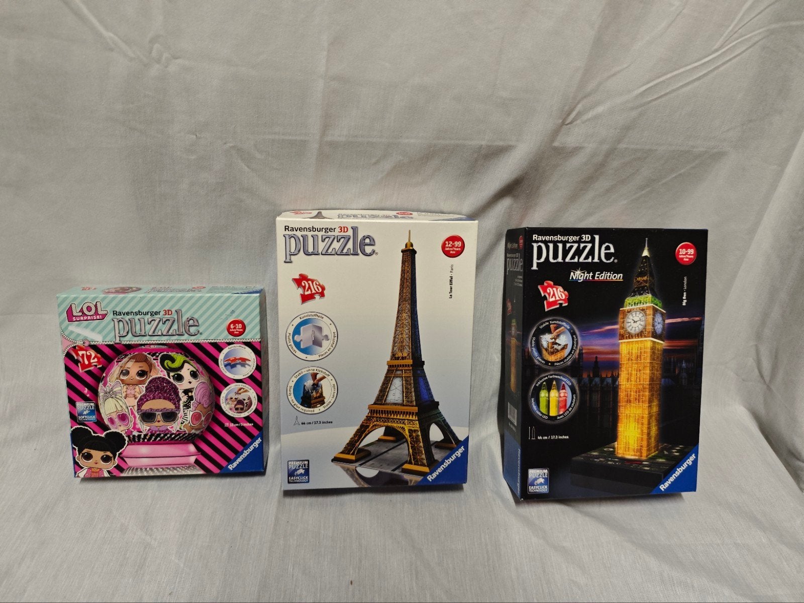 Ravensburger 3D Puzzels: Eiffeltoren, Big Ben & LOL Surprise, Hobby en Vrije tijd, Denksport en Puzzels, Ophalen, Zo goed als nieuw
