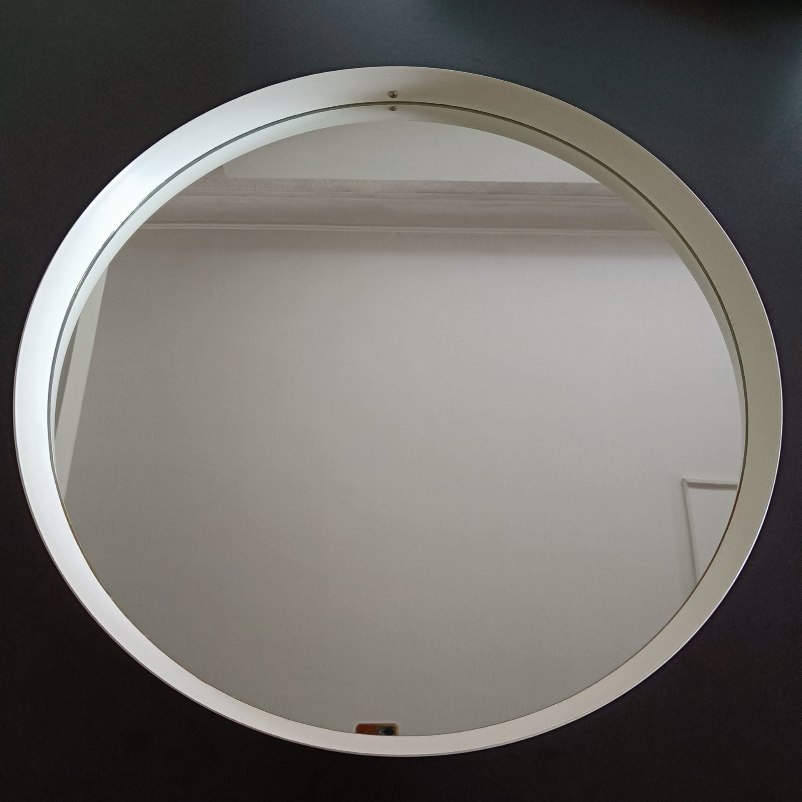 Vintage houten XL spiegel., Ophalen, Gebruikt, Rond, Minder dan 100 cm