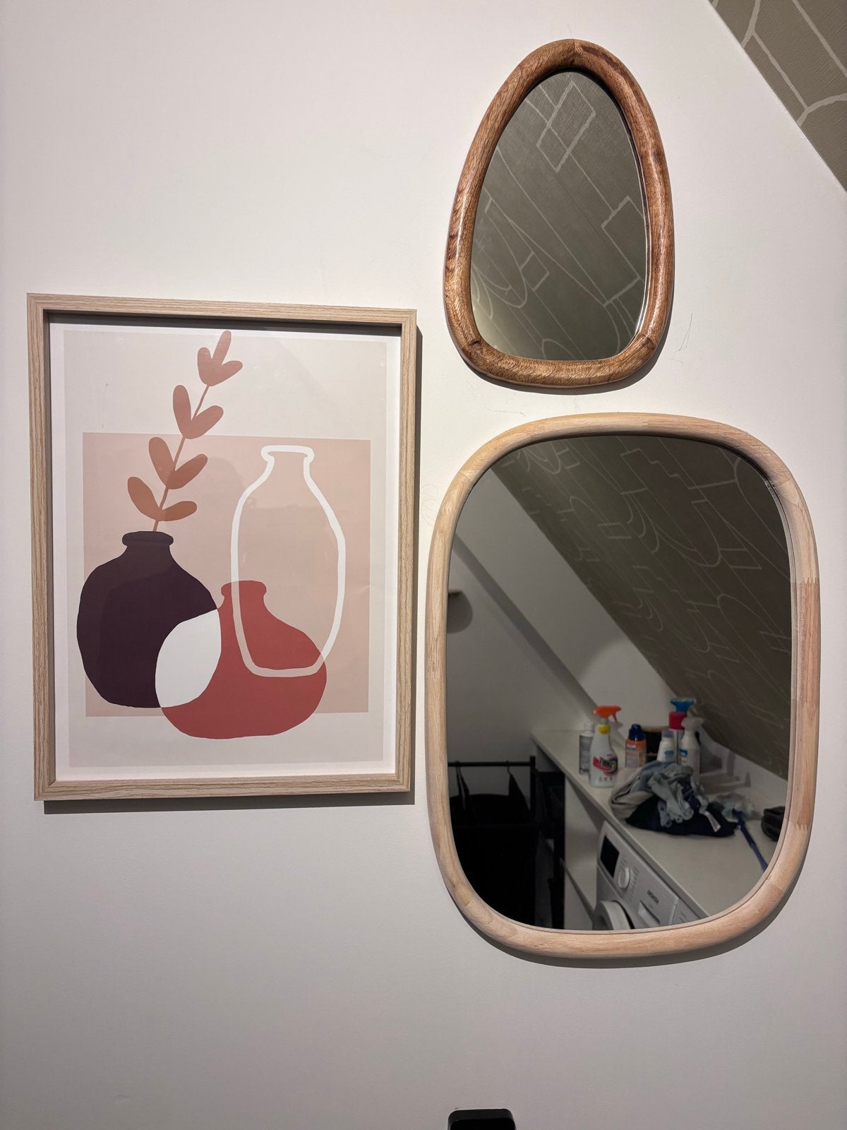 Decoratieset: 2 Spiegels & Ingelijste Poster, Ophalen, Hout, Zo goed als nieuw, Modern