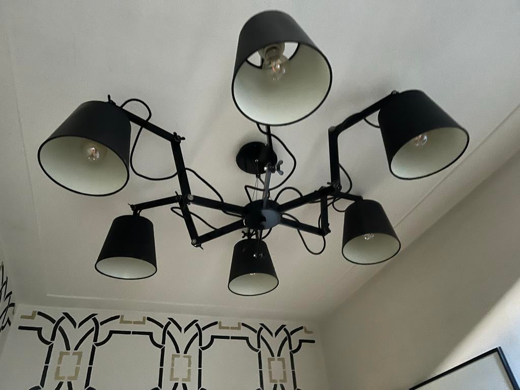 Zwarte spider lamp, industriële kroonluchter, Huis en Inrichting, Lampen | Kroonluchters, Ophalen, Gebruikt, Metaal, Industrieel