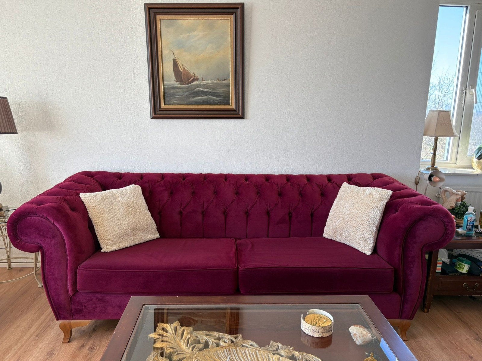 Bordeauxrode Chesterfield bank en fauteuil set, Gebruikt, 75 tot 100 cm, Ophalen of Verzenden, Stof