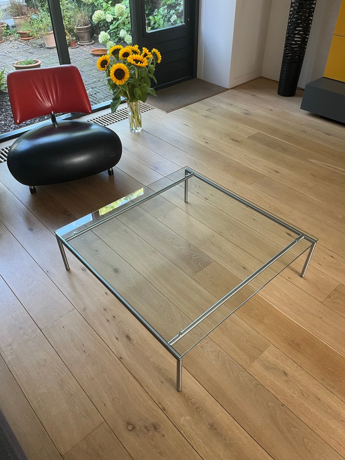 Glazen salontafel met metalen frame, Ophalen, Gebruikt, 50 tot 100 cm, Vierkant