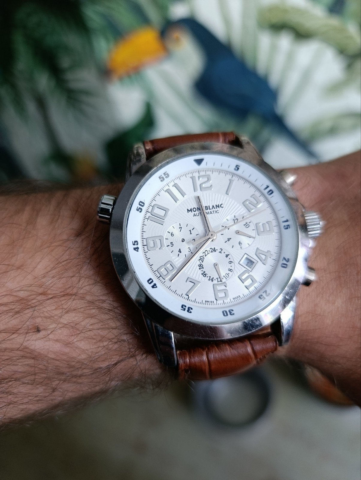 Montblanc Automatic Polshorloge - Zilver met Bruin Leer, Sieraden, Tassen en Uiterlijk, Ophalen of Verzenden, Gebruikt, Leer, Overige merken